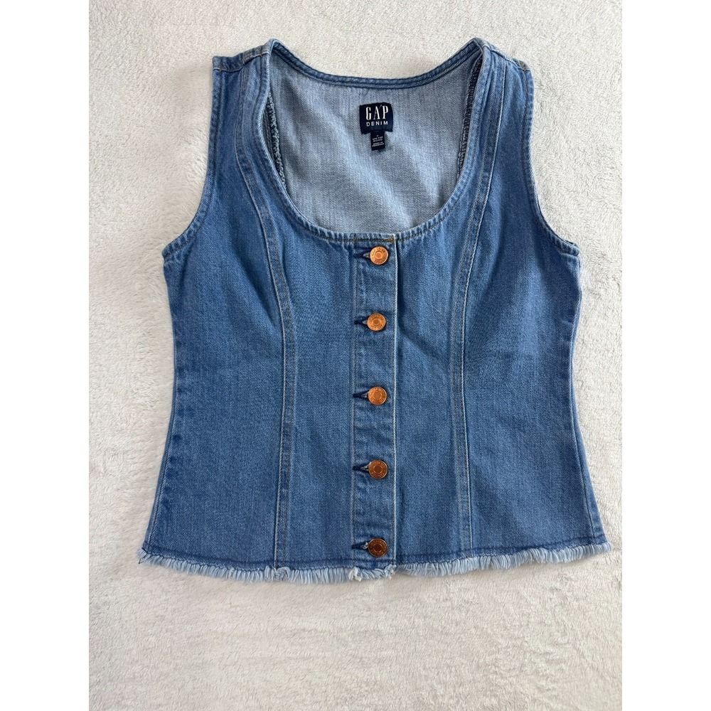 Gap Button Front Denim Tank Top Womens 0 Blue Scoop Neck Relaxed Fit Modest - Picture 2 of 9
